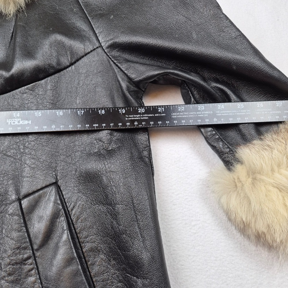 Vintage Black Leather Trench Coat Genuine Fur Collar Cuffs Size 14 Mid Length - Picture 15 of 16
